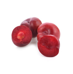 Plums plum prunes prune slice leaves fruits fruit isolated on a white background