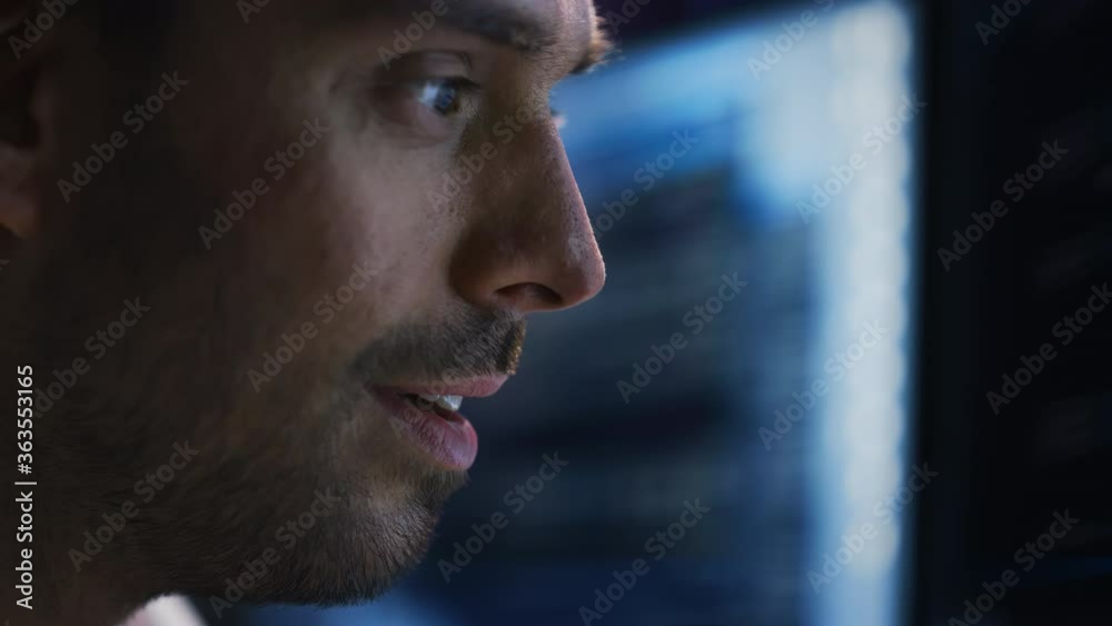 Poster Confident Handsome Man Looks at Monitor Screen with Camera Moving to Computer Screen Showing Data, Infographics, Information, Statistics, Numbers