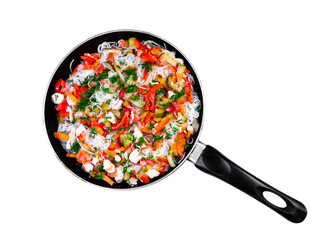 fungoza salad cellophane rice and delicious tasty vegetables red bell pepper carrots cucumber dill greens tomato onion shredded fried chicken meat in a pan with a handle together on a white background