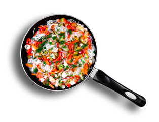 fungoza salad cellophane rice and delicious tasty vegetables red bell pepper carrots cucumber dill greens tomato onion shredded fried chicken meat in a pan with a handle together on a white background
