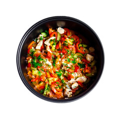 mouth-watering tasty vegetables red bell pepper carrots cucumber dill greens tomato onion shredded fried chicken meat in a pan together on a white background top view