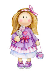 Cute girl holding rabbit, isolated on white. Watercolor illustration.