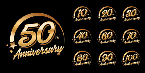 Set of anniversary logo with golden color for celebration event.