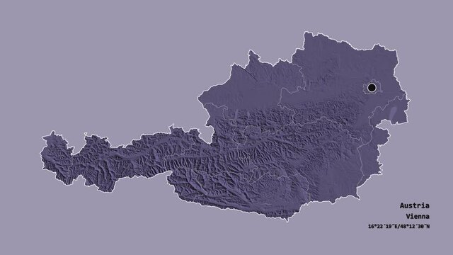 Niederösterreich, state of Austria, with its capital, localized, outlined and zoomed with informative overlays on a administrative map in the Stereographic projection. Animation 3D