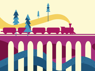Steam train moves on the old bridge big arch, gradient and carriages, vector graphics