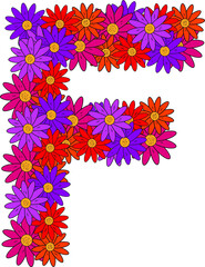 Flower font. The letter F. Many colored flower heads. Inflorescence. Bright petals. Purple, pink, red, orange. Romantic summer lettering