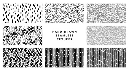 Set of hand-drawn black and white seamless texture with dashed strokes. Vector repeat pattern.