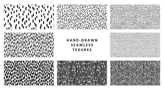 Set of hand-drawn black and white seamless texture with dashed strokes. Vector repeat pattern.