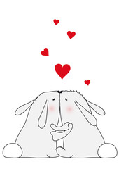 zwei weiße Hasen entdecken die Liebe mit Herzen