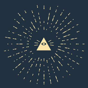 Beige Masons symbol All-seeing eye of God icon isolated on blue background. The eye of Providence in the triangle. Abstract circle random dots. Vector Illustration.