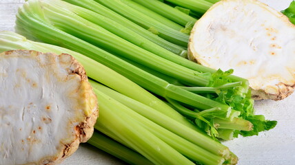 Fresh Celery stalk isolated on white background and cut celery root