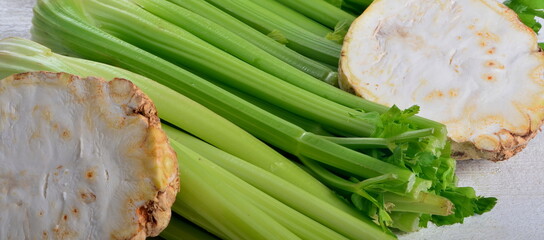 Fresh Celery stalk isolated on white background and cut celery root