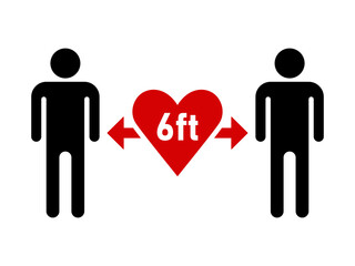 Keep a Safe Distance of 6ft or 6 Feet Social Distancing Icon with Heart Symbol. Vector Image.