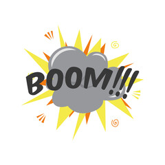 Explosion. Boom! Symbol, sticker tag, special offer label, advertising badge. Sign banner. Comics speech bubble bang. Clouds for explosions like boom.
