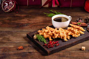 Beautiful delicious Belgian waffles on a Christmas table