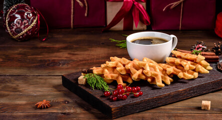 Beautiful delicious Belgian waffles on a Christmas table