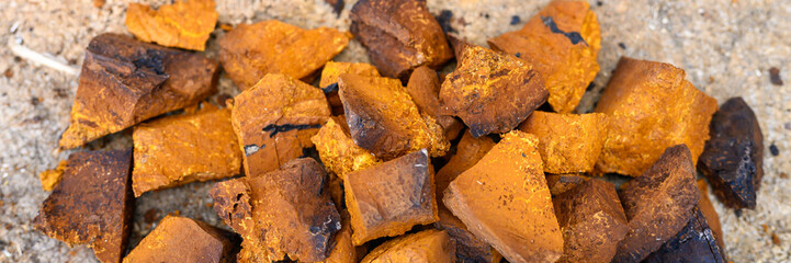 pile pieces of chopped and peeled chaga mushroom birch fungus are stacked on a wooden stump background. step by step. banner