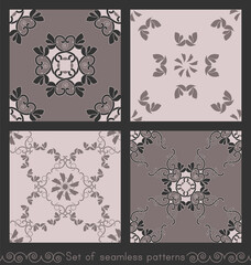 Set of seamless patterns with hearts, interlaced spirals and birds. Romantic. Colors Pinkish Brown dark and Pinkish Brown light, Dark grey. Vector.