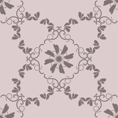 Seamless pattern with hearts, interlaced spirals and birds. Romantic. Colors Pinkish Brown dark and Pinkish Brown light. Vector.
