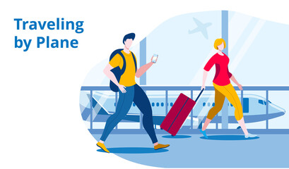 People with hand Luggage to go on Board the aircraft. Vector illustration in flat style. Template for a horizontal banner.