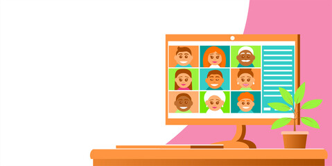 Computer with video conferencing. On the screen are smiling faces of different people. Vector illustration banner with place for text.