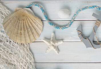 sea ​​shells, anchor, blue cord, white fishing net, starfish, pebbles, still life, summer...