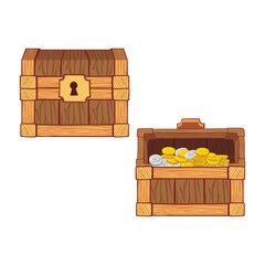 Wooden Chest set for game interface, closed and opened with golden coins, isolated on white background