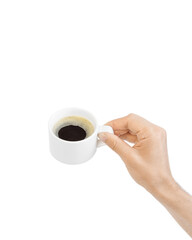 A cup of black coffee, espresso in a male hand isolated on a white background.
