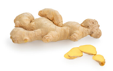 Fresh ginger rhizome with slices isolated on white background. Ginger Food concept.
