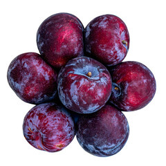 Plum fruits isolated on white background. Fresh plums Macro. Top view