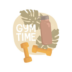 Abstract round background with texture. Handwritten lettering "gym time". Dumbbells, bottle for water. Cardio exercises, weight loss, healthy lifestyle. Vector illustration. Banner design, sticker.