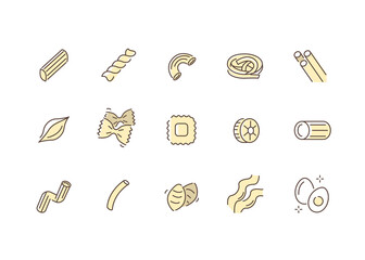 Variety Italian Pasta and Noodles Symbols. Spaghetti, Penne, Fusilli and other Dishes Signs. Food from Wheat Flour Concept. Flat Line Vector Illustration and Icons set.