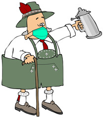 Old man wearing lederhosen and a face mask