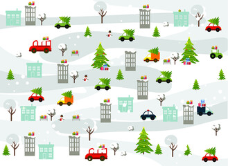 Christmas illustration with a map of the winter city. Vector illustration with houses, roads, trees, christmas trees, cars in a flat style