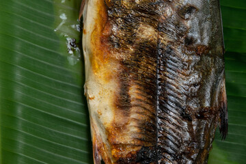 Texture details of grilled fish skin placed on banana leaf.