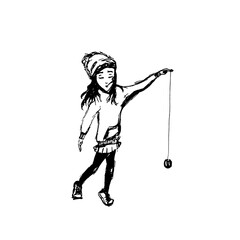 Little girl playing with yoyo, vector sketch, hand drawn imperfect engraving style.