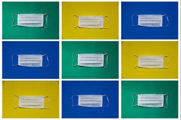 Obraz premium White facial mask on green, blue and yellow background