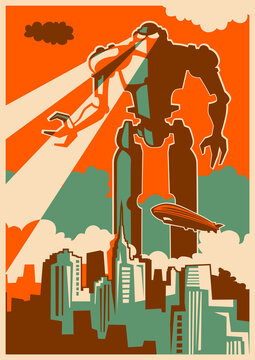Retro style illustration of a giant robot attacking the city. Vector illustration.
