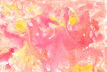 Abstract watercolor background. Fluid art texture. Liquid acrylic paint. Yellow, pink, orange, red and white colors mixed together. Color splashing on paper. Handmade original wallpaper