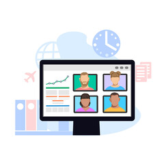 Training and doing business remotely. People without faces. Video conference. Vector illustration.