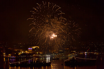 Sevastopol, Crimea - May 9, 2015: salute 70 years of the Victory in the Great Patriotic War, against the background of Russian military ships in the bay of Sevastopol