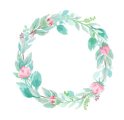 Fototapeta na wymiar Hand drawing botanical illustration. Greenery spring wreath with mint leaves and pink buds. Floral Design elements. Perfect for wedding invitations, greeting cards, prints, packing, posters and more