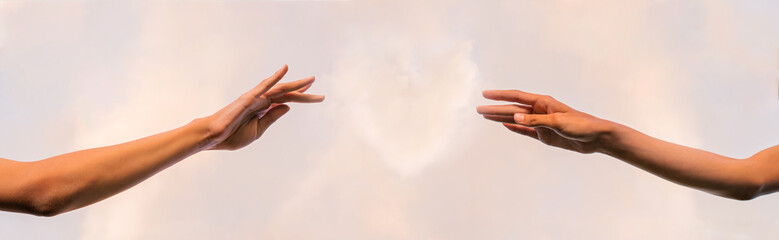 Fototapeta na wymiar Banner. Two thin graceful female hands reach out to the heart from the clouds between them.