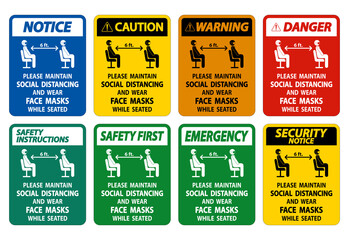 Maintain Social Distancing Wear Face Masks Sign on white background