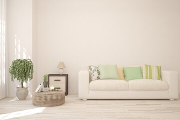 White living room with sofa. Scandinavian interior design. 3D illustration