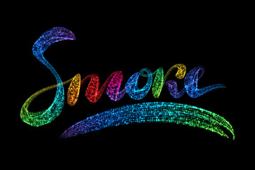 The word inscription is smoke made by colorful rainbow luminous round particles isolated on a black background