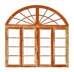 Old weathered wooden window with arch on white background