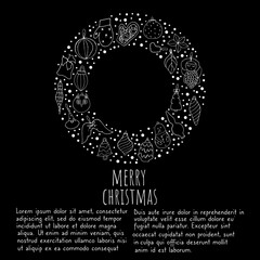 Fototapeta premium Christmas toys. Doodle style. Glass ball. Striped balls. Star for the tree. Cone shapes. Vector isolated illustration with Christmas toys on a black background. An angel with wings. 