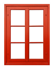 Old red wooden window with six pane on white background