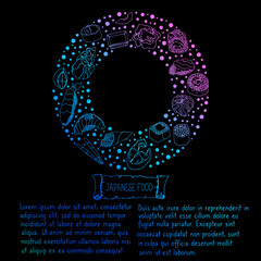 Set of Japanese dishes. Vector isolated illustration with elements of sushi, roll, fish, caviar, and shrimp. Set of sea food for the design of the menu of cafes and restaurants. Seafood is isolated.